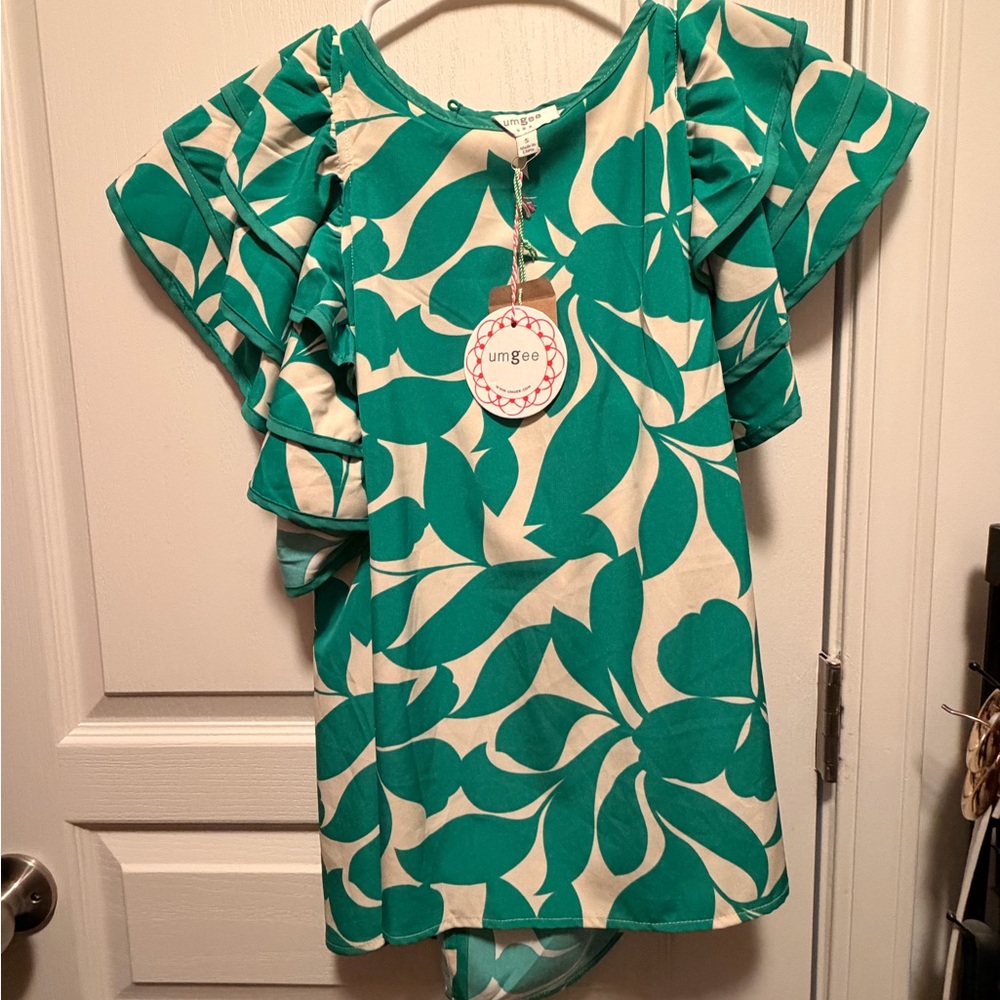 Umgee Green & Cream Floral Ruffle Sleeve Blouse